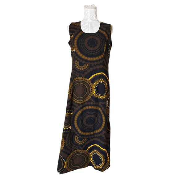 Vintage Brown Yellow Abstract Shift Dress Womens Sz Small Sleeveless Maxi Earthy - Picture 1 of 15